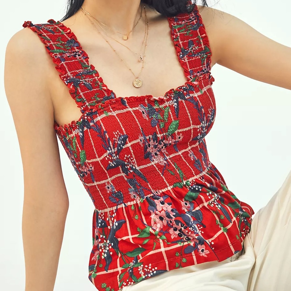 Conditions apply-Anthropologie smocked peplum tank top red w/floral print NWT